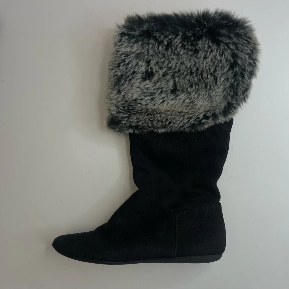 Report Womens Black Faux Suede Mid-Calf Boots Grey‎ Faux Fur Trim Flat Sole